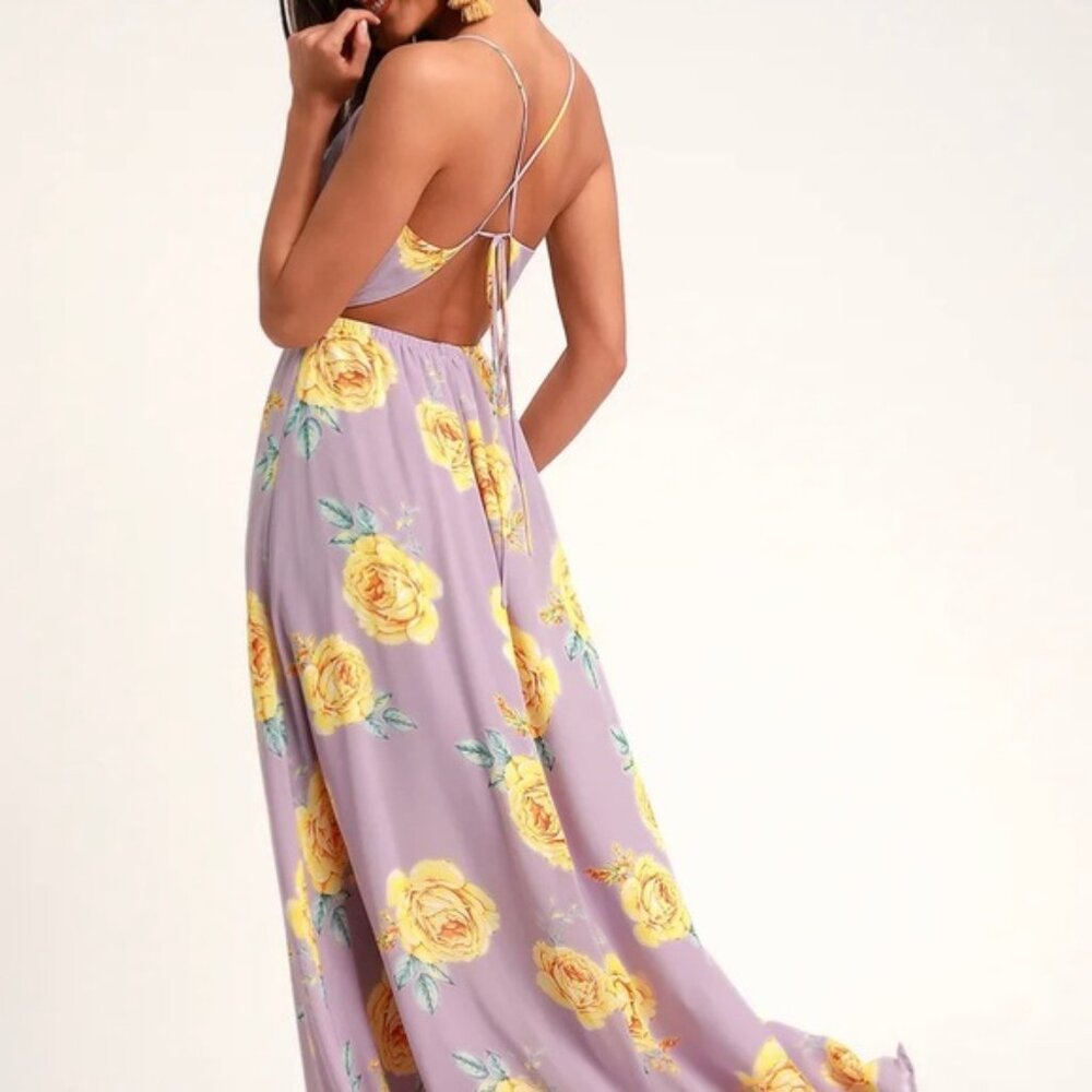 Lulus Kind & Loving Lavender Lined Chiffon Floral Almost Backless Maxi SzM - Picture 4 of 9